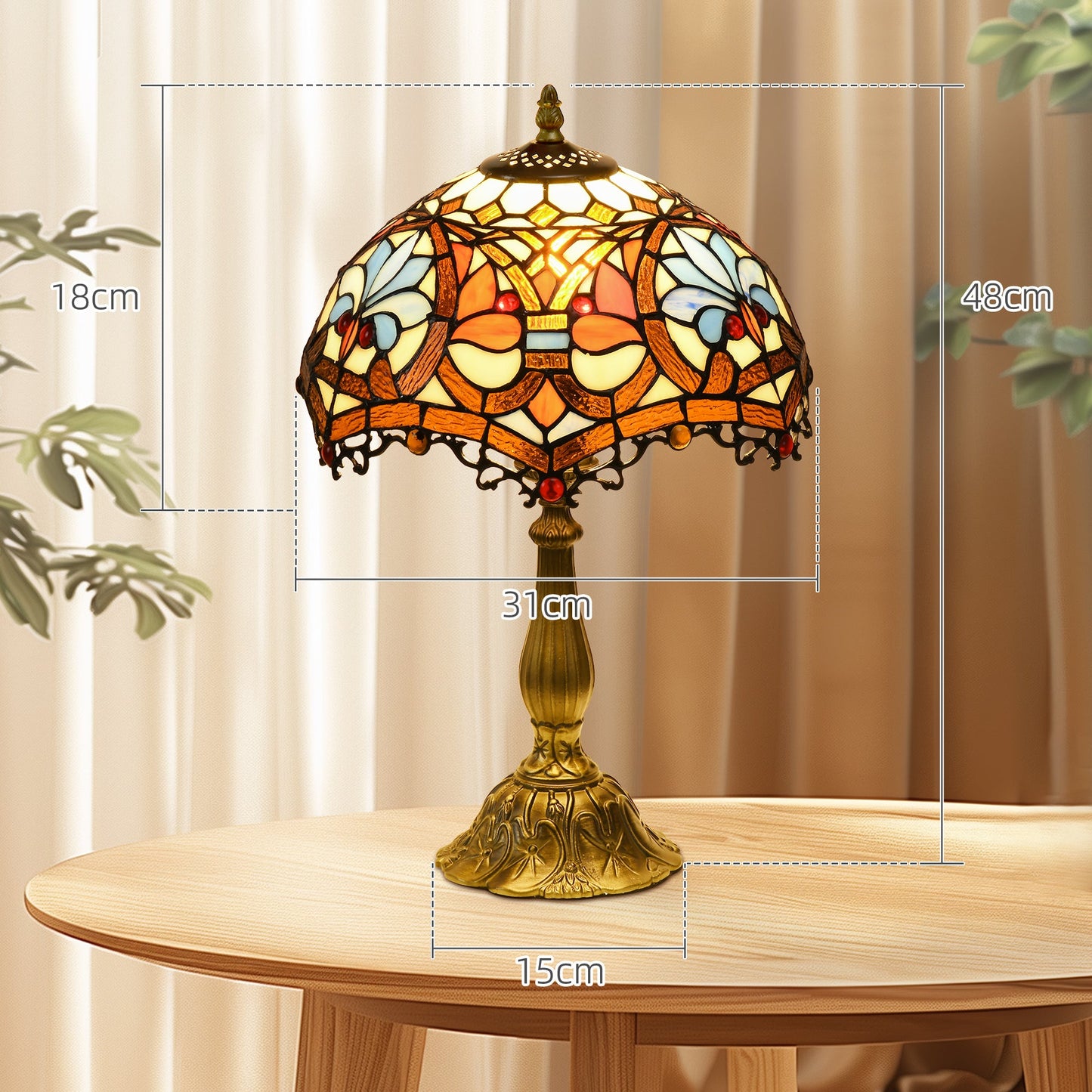 Lampa stołowa HOMCOM ze szkła witrażowego, ręcznie wykonana, przedmiot kolekcjonerski, odpowiednia do salonu i szafki nocnej, wielokolorowa, √ê¬§31 x 48Hcm, stop cynku.