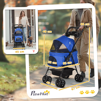 عربة أطفال قابلة للطي من PawHut Dog Pram للكلاب الصغيرة مع 4 عجلات ومقود أمان وحامل أكواب للكلاب الصغيرة، باللون الأزرق