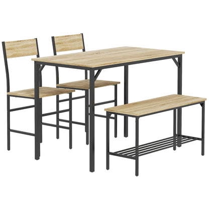 HOMCOM Square Dining Set for 4 Persons, Table, Chairs and Bench Included, Natural Wood Effect