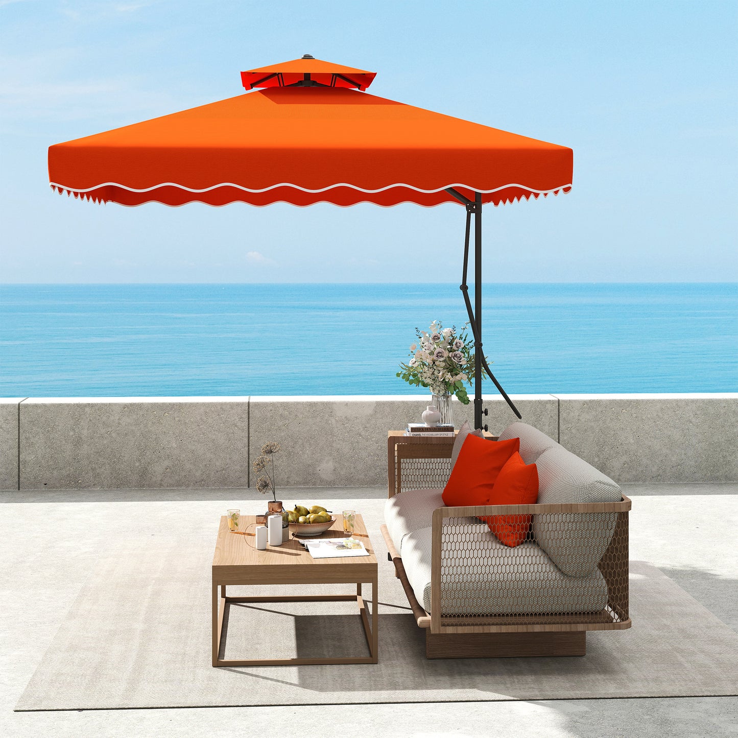 Outsunny 2,5 m parasol wspornikowy z łatwą dźwignią, kwadratowy podwójny parasol ogrodowy z falbankami i poprzeczną podstawą, zwisające osłony przeciwsłoneczne na zewnątrz, pomarańczowy