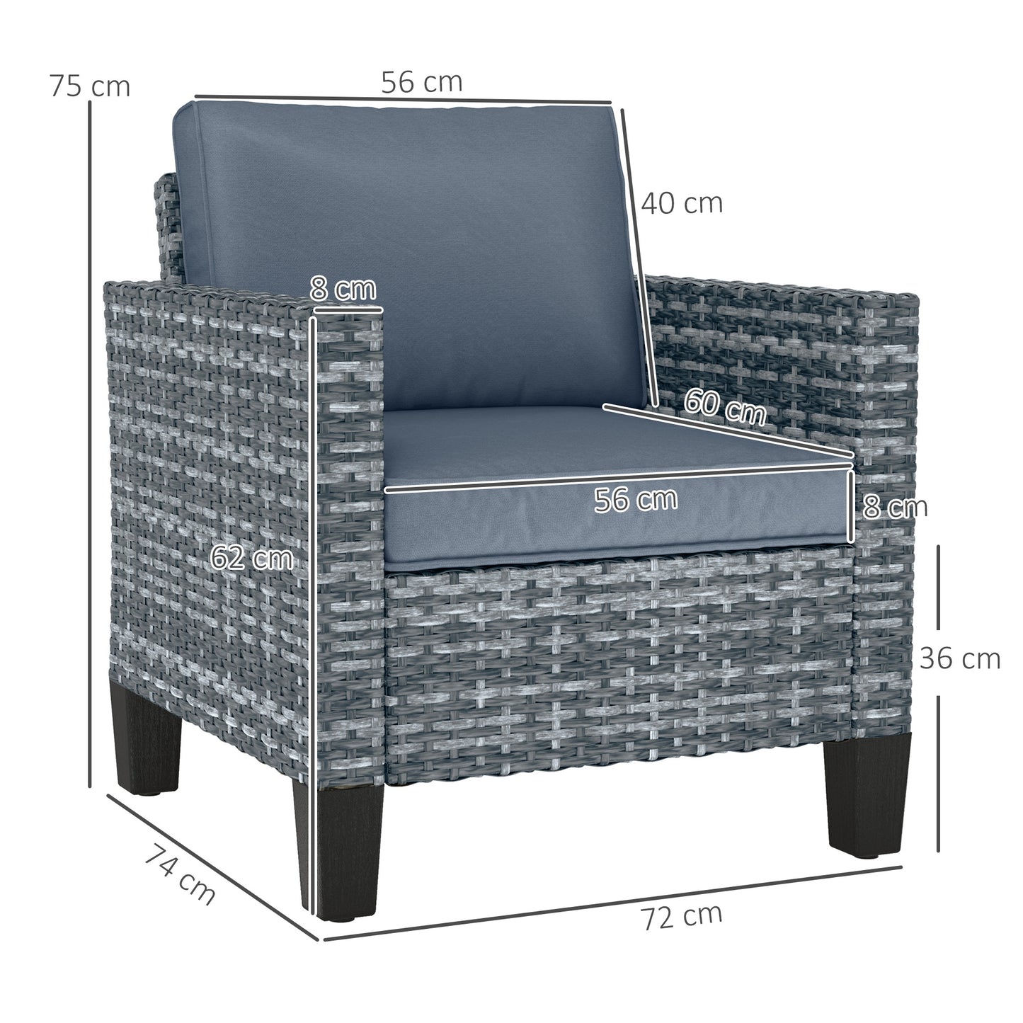 Fotel Outsunny Single Rattan z poduszkami - jasnoszary