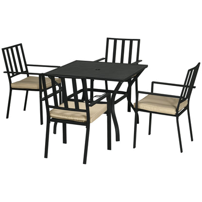 Outsunny 5 Pieces Garden Dining Set with Cushions, Outdoor Patio Table and 4 Stackable Chairs, Metal Top Table with Umbrella Hole, Black