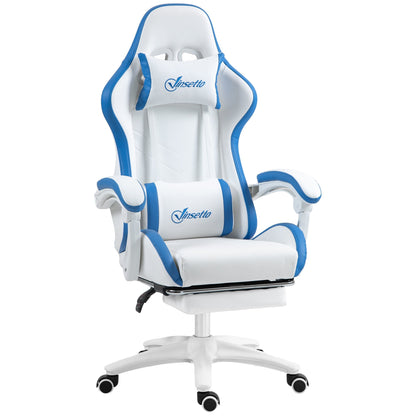 Racing Gaming Chair, Reclining PU Leather Computer Chair, 360 Degree Swivel Seat, Footrest, Removable Headrest and Lumber Support, White and Blue