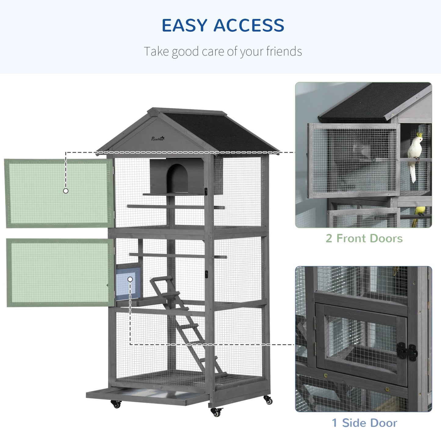 PawHut Bird Cage budgie cage Wooden Outdoor Aviary with Wheels for Canary Finch with Asphalt Roof Perch Nest Ladder Slide-out Tray, Grey