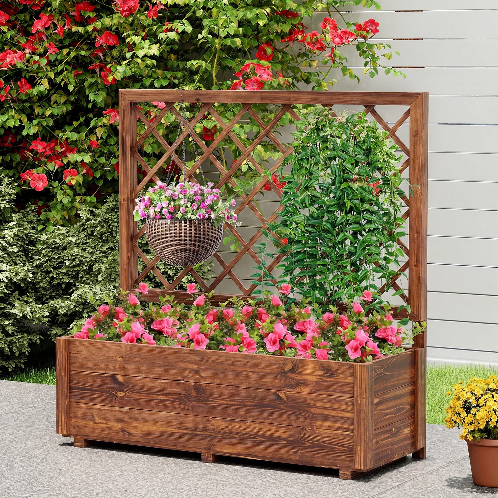 Raised Garden Bed with Lattice Trellis Wooden Elevated Planter-Orange