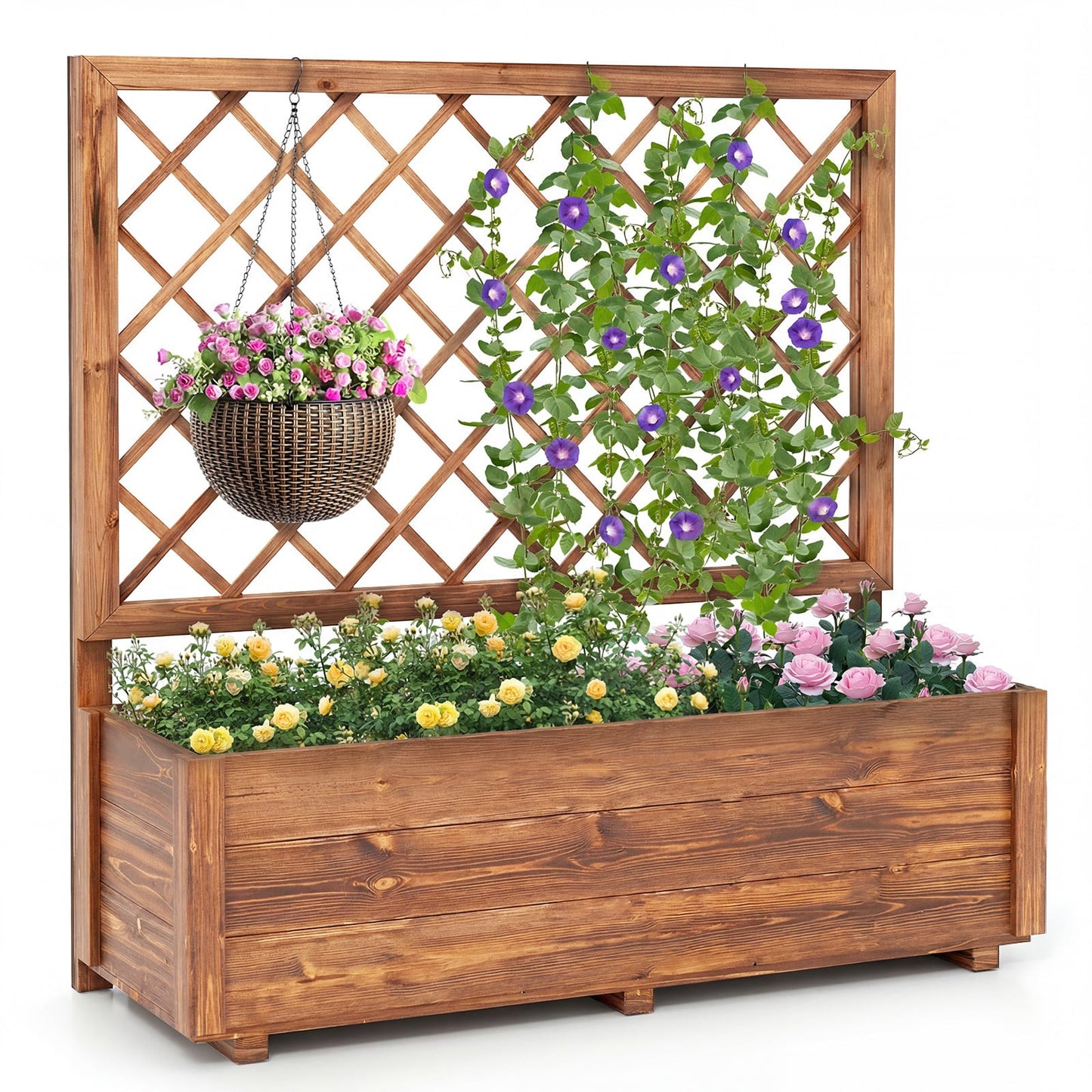 Raised Garden Bed with Lattice Trellis Wooden Elevated Planter-Orange