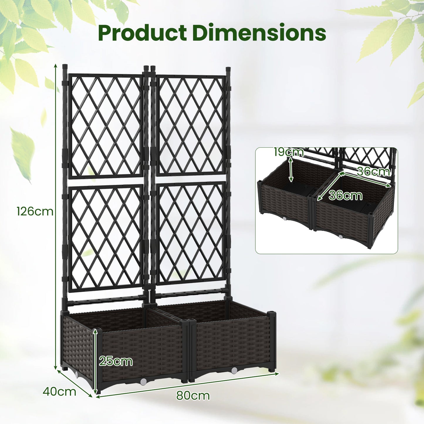 Raised Garden Bed with Trellis Self-Watering Elevated Planter Box with Drain Holes-1 Piece