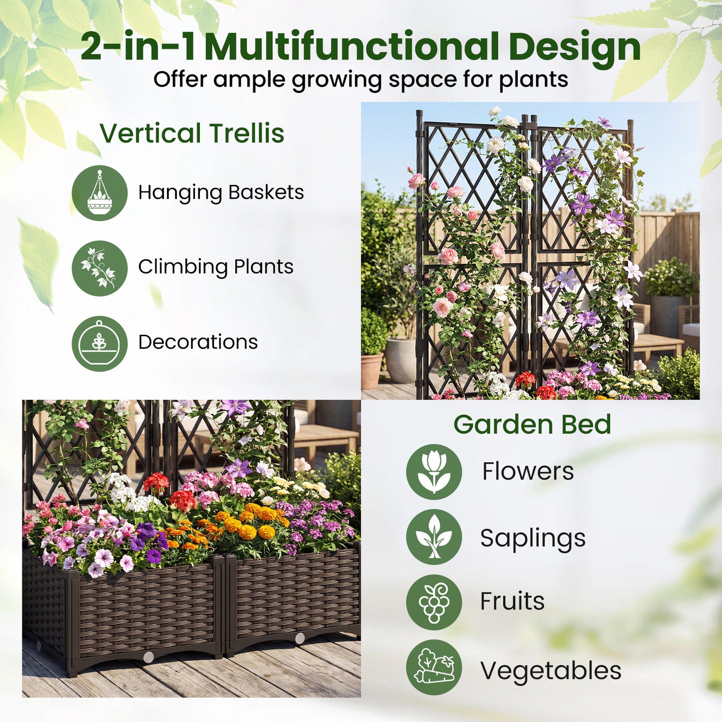 Raised Garden Bed with Trellis Self-Watering Elevated Planter Box with Drain Holes-1 Piece