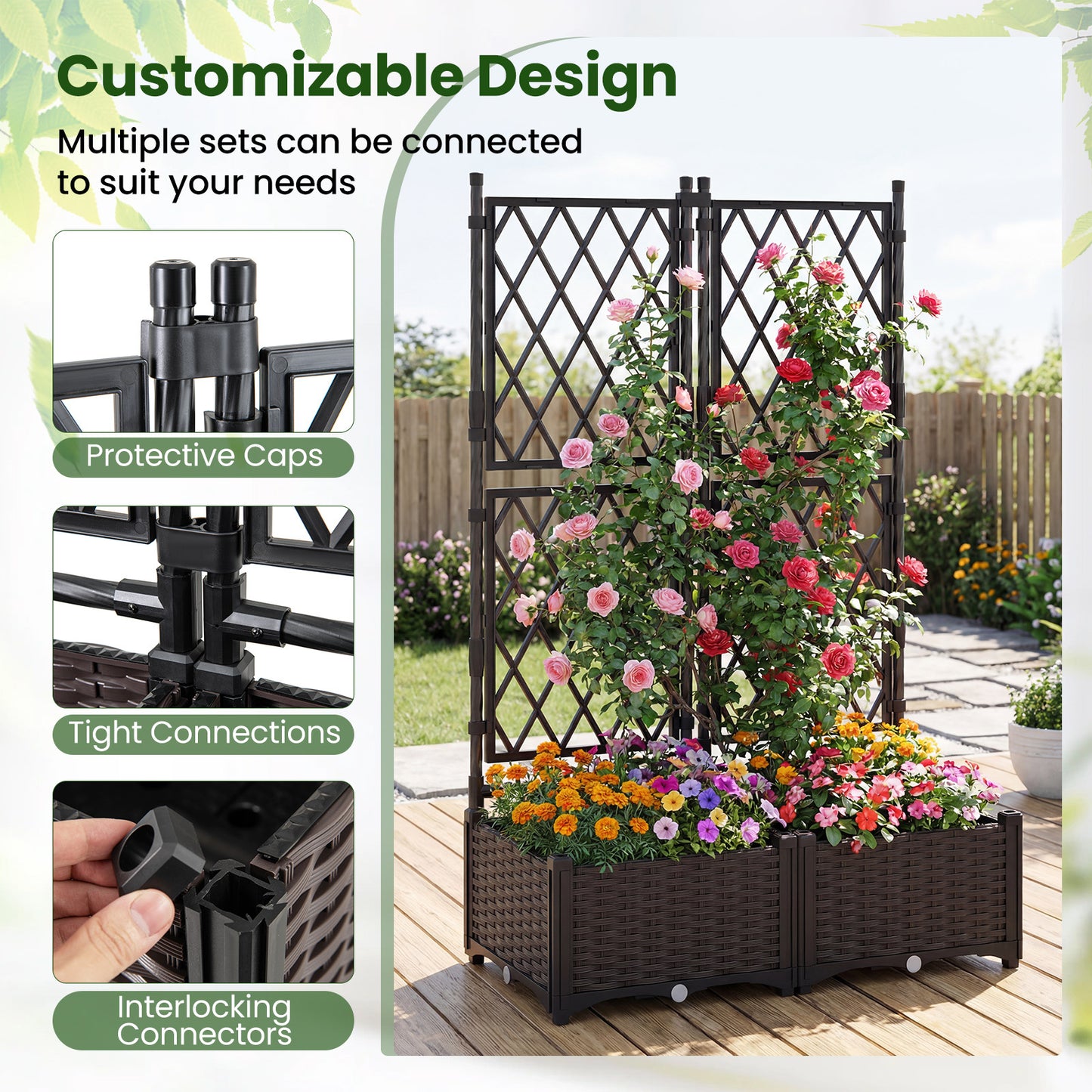 Raised Garden Bed with Trellis Self-Watering Elevated Planter Box with Drain Holes-1 Piece