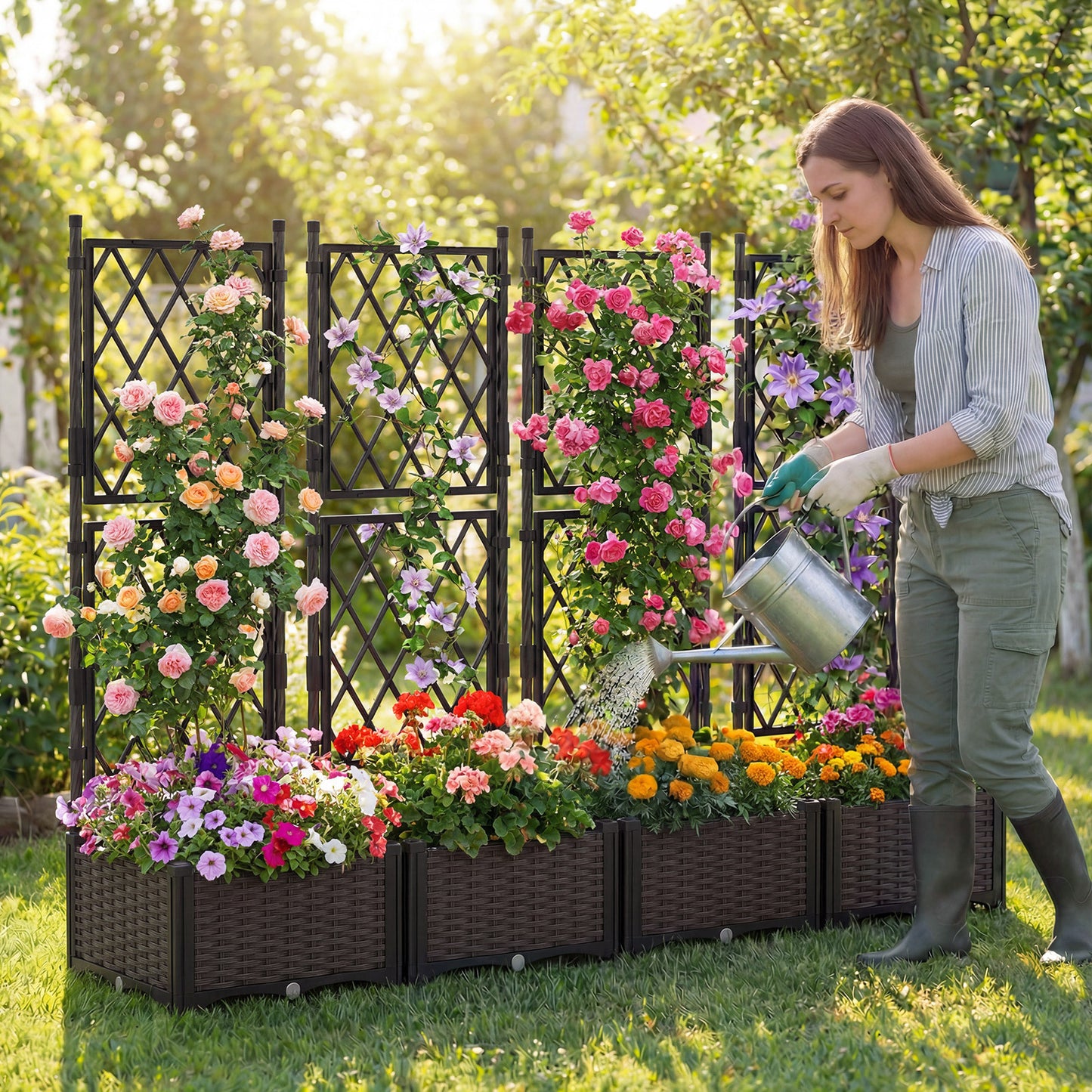 Raised Garden Bed with Trellis Self-Watering Elevated Planter Box with Drain Holes-Set of 2
