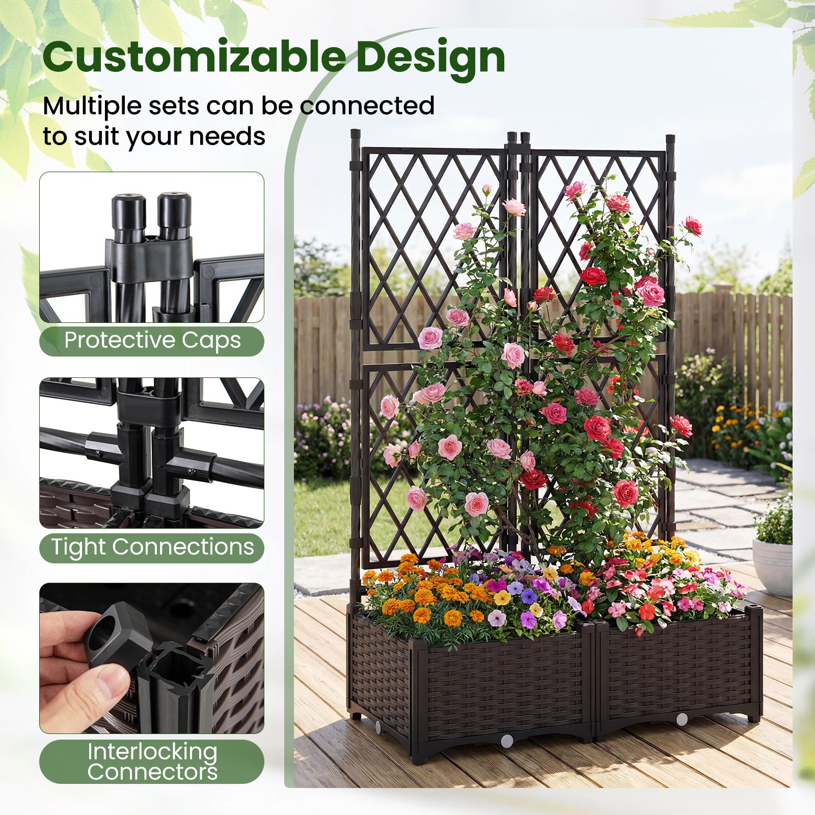 Raised Garden Bed with Trellis Self-Watering Elevated Planter Box with Drain Holes-Set of 2