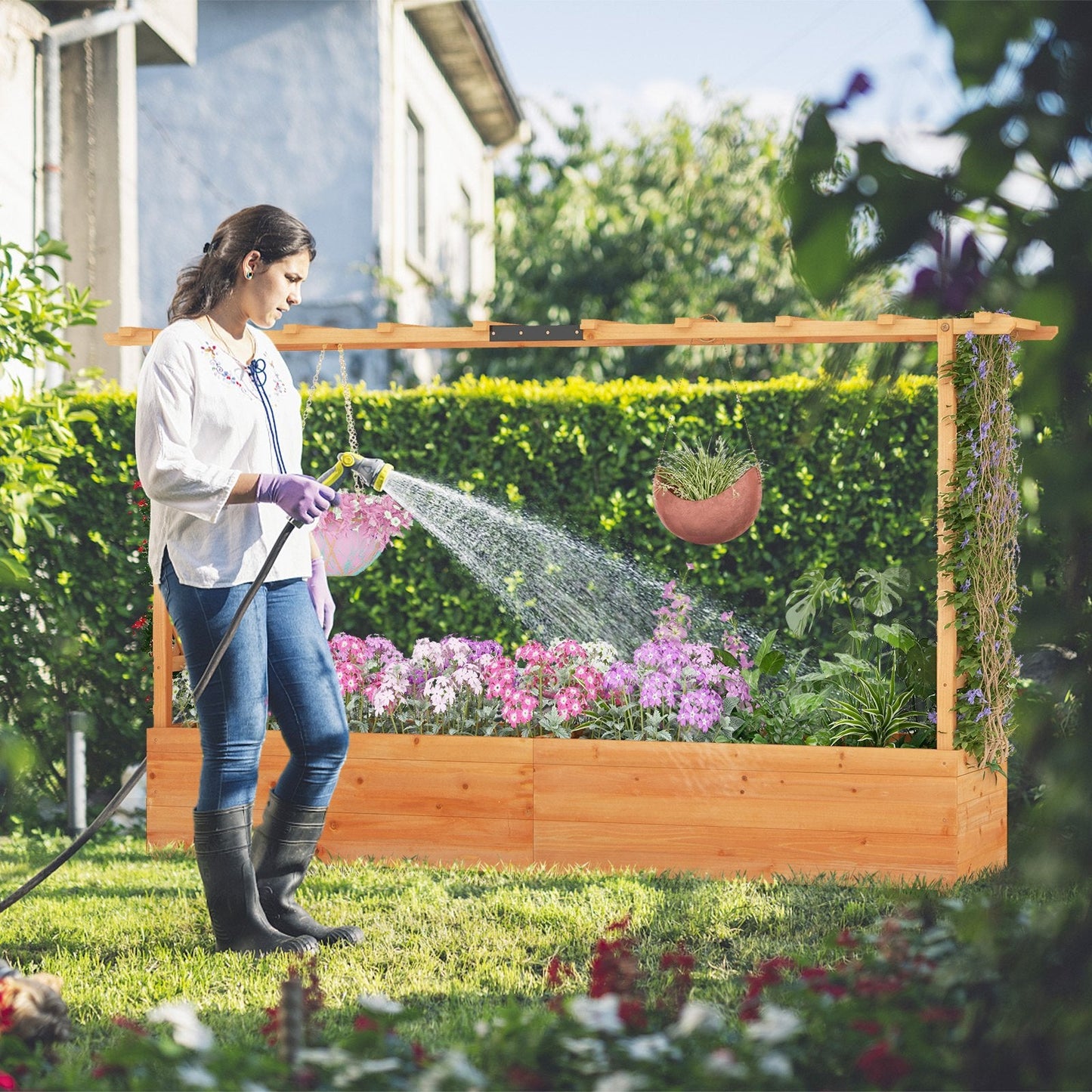 Raised Garden Bed with 2-Sided Trellis and Hanging Roof-Orange