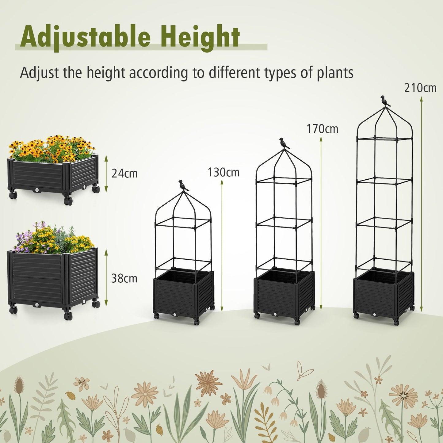 Raised Garden Bed with Trellis with Self-Drainage and Wheels for Yard Lawn-Black