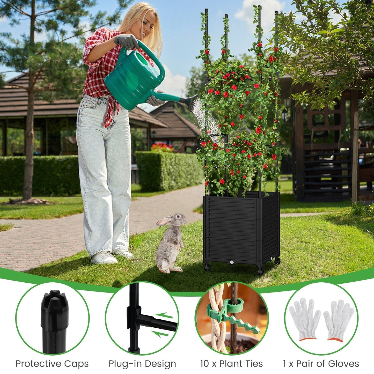 219 cm Raised Garden Bed with Trellis and Wheels for Climbing Plants-Black