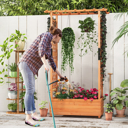 Raised Garden Bed Fir Wood Planter Box with 2-Sided Trellis and Hanging Roof-Orange