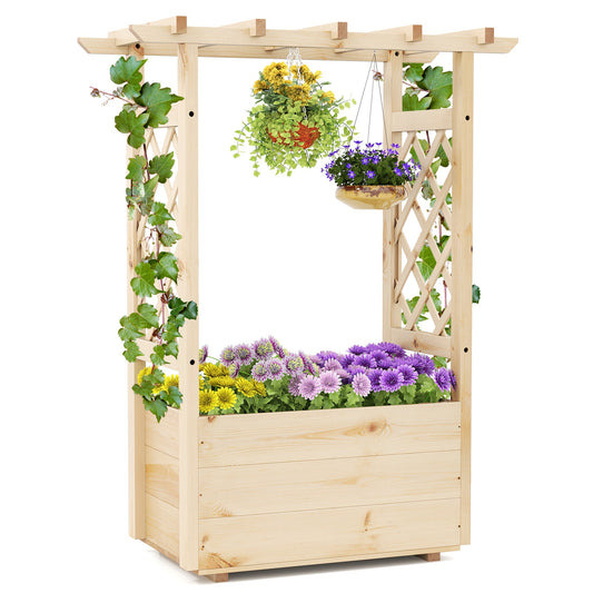 Raised Garden Bed with Lattice Trellises Hanging Roof Drainage-S