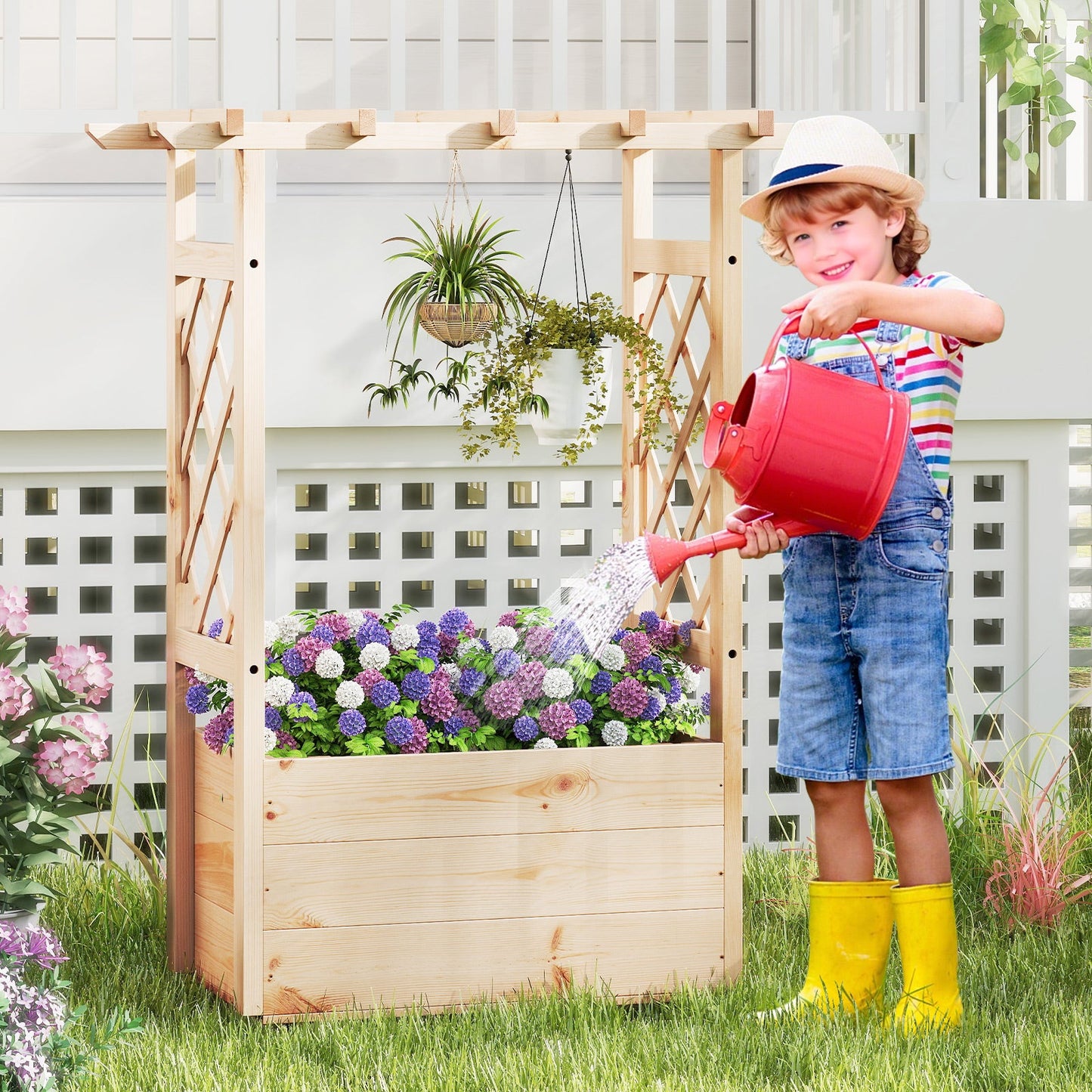 Raised Garden Bed with Lattice Trellises Hanging Roof Drainage-S