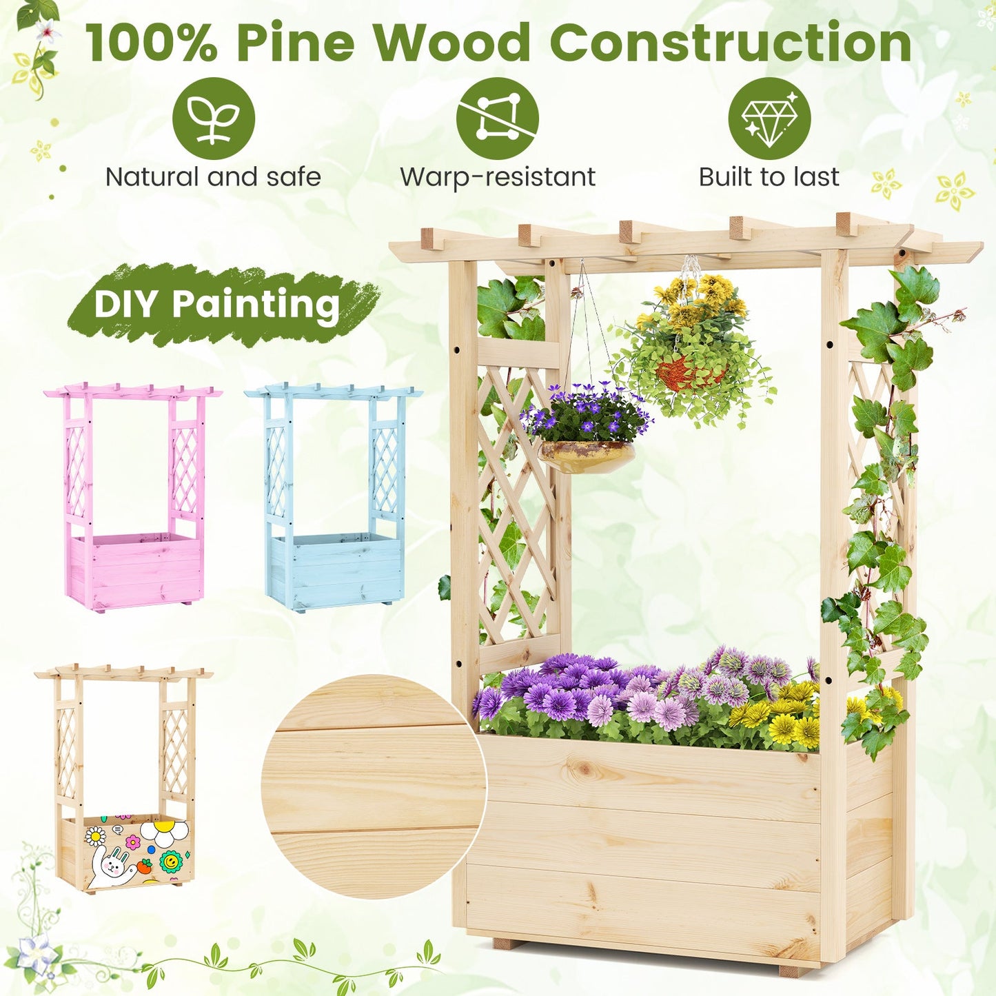 Raised Garden Bed with Lattice Trellises Hanging Roof Drainage-S