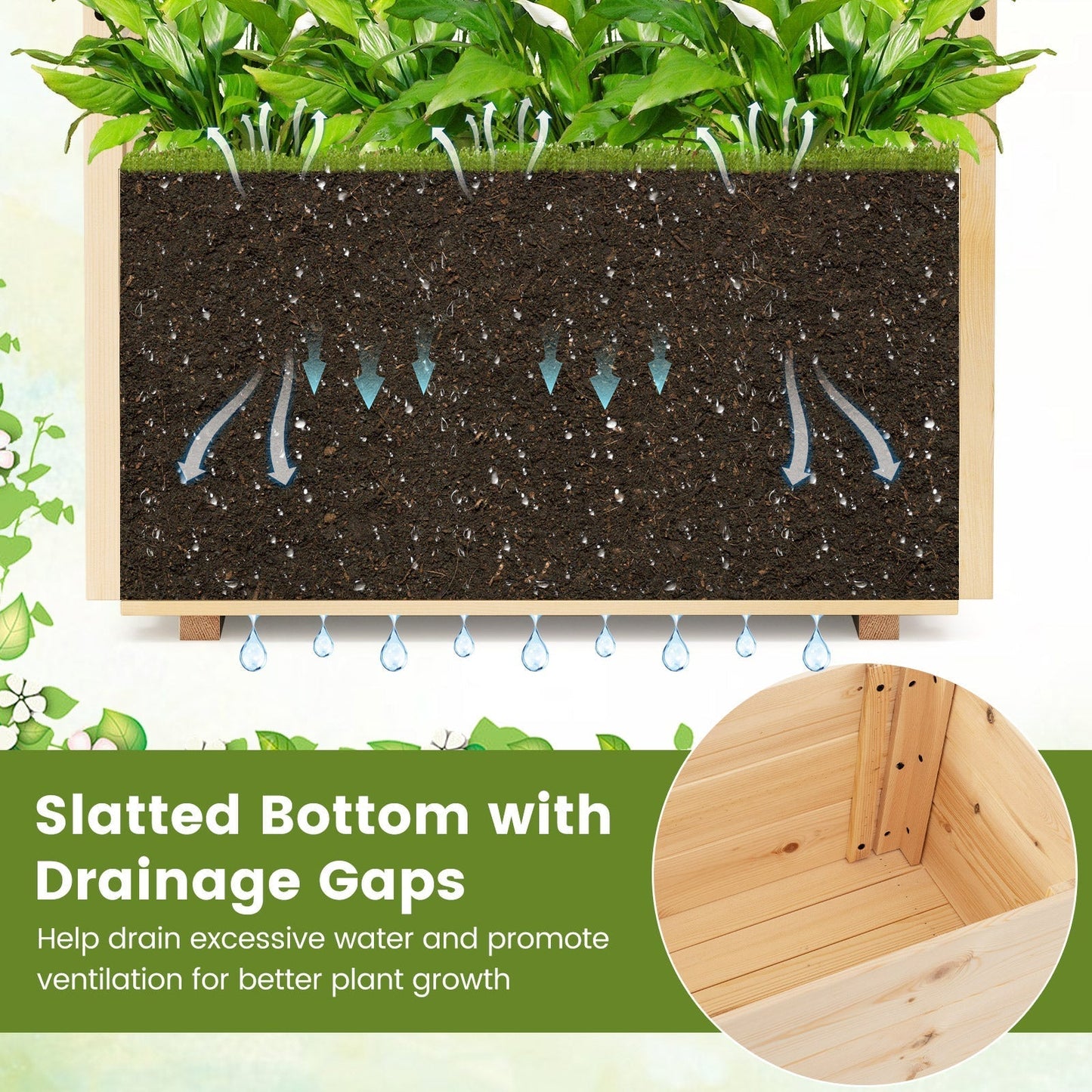 Raised Garden Bed with Lattice Trellises Hanging Roof Drainage-S