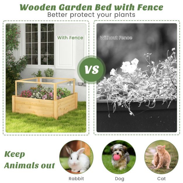 Raised bed with fence Wooden plant box with 4-sided protective fence &amp; plant grid 107 x 107 x 70 cm