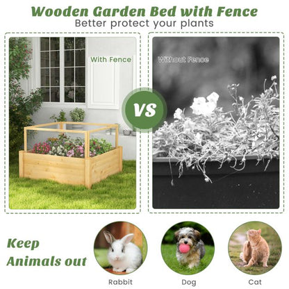 Raised bed with fence Wooden plant box with 4-sided protective fence &amp; plant grid 107 x 107 x 70 cm