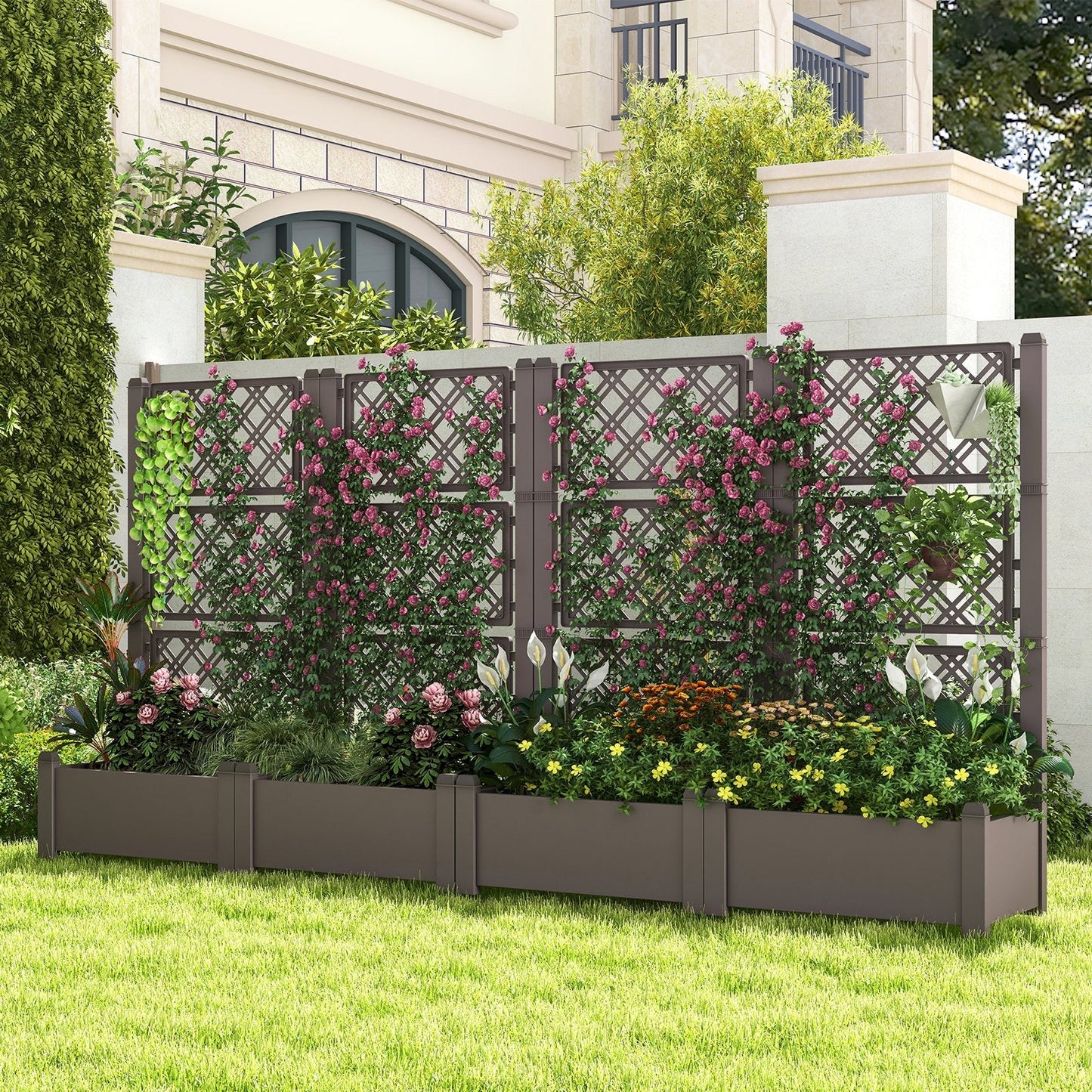 Self-Watering Standing Planter Box Lattice Panels for Vine Climbing Fruits Vegetables-Brown