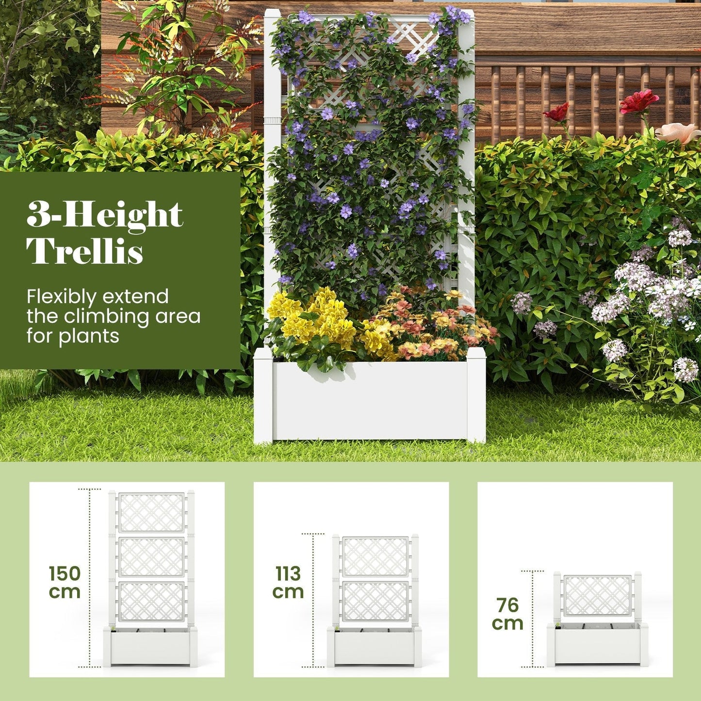 Self-Watering Standing Planter Box Lattice Panels for Vine Climbing Fruits Vegetables-White