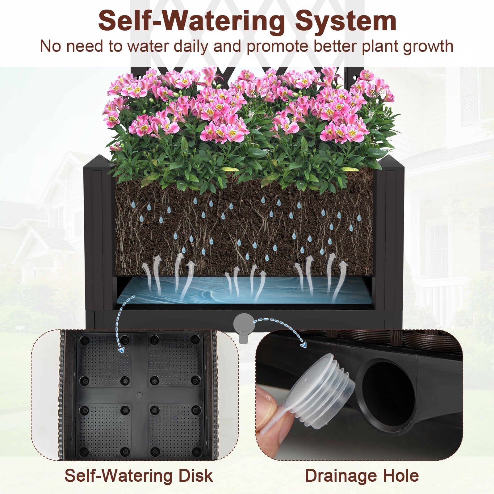 Raised Garden Bed with Trellis and Self-Watering System-Brown