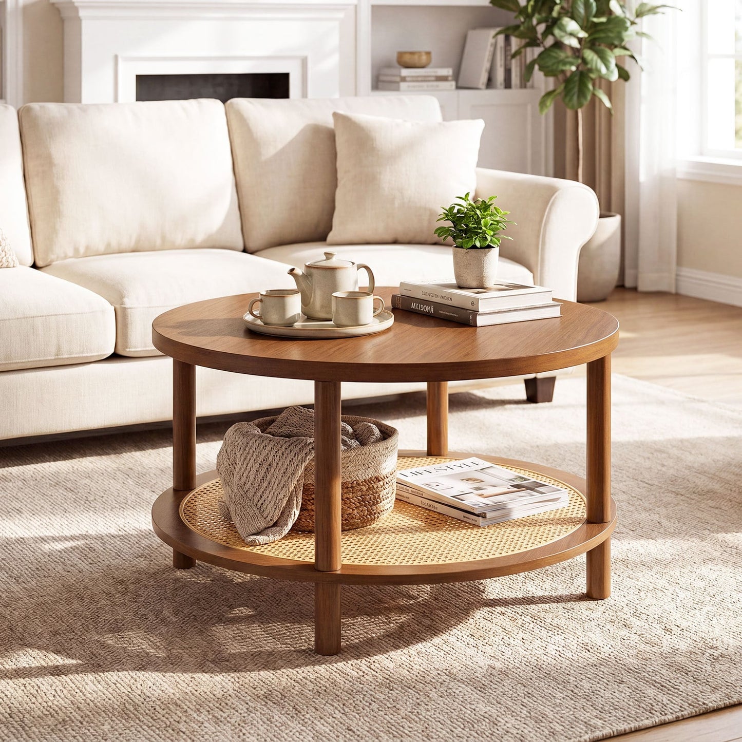 Rattan Coffee Table 2-Tier Round Center Table with Wood Veneered Top-Walnut