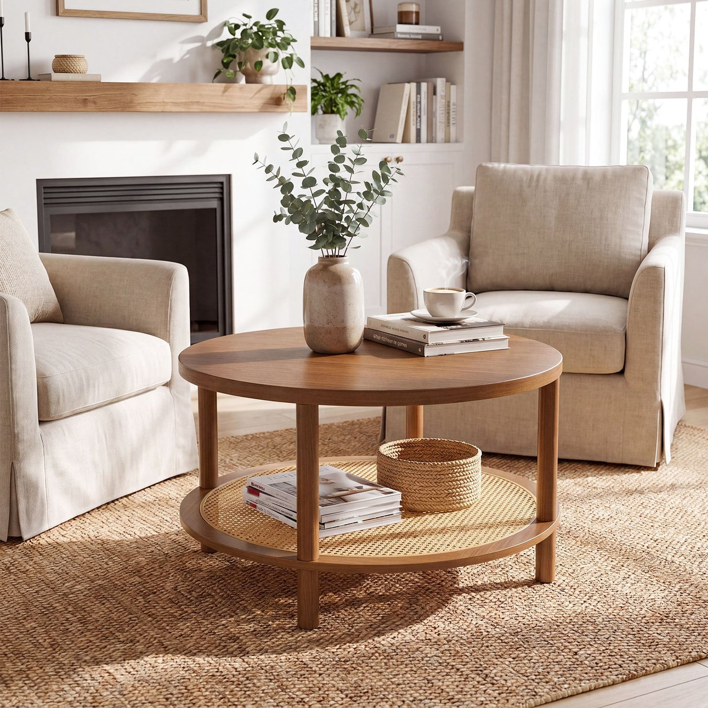 Rattan Coffee Table 2-Tier Round Center Table with Wood Veneered Top-Walnut