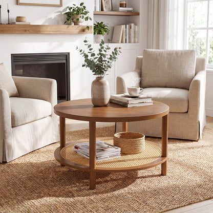 Rattan Coffee Table 2-Tier Round Center Table with Wood Veneered Top-Walnut