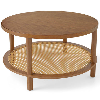 Rattan Coffee Table 2-Tier Round Center Table with Wood Veneered Top-Walnut