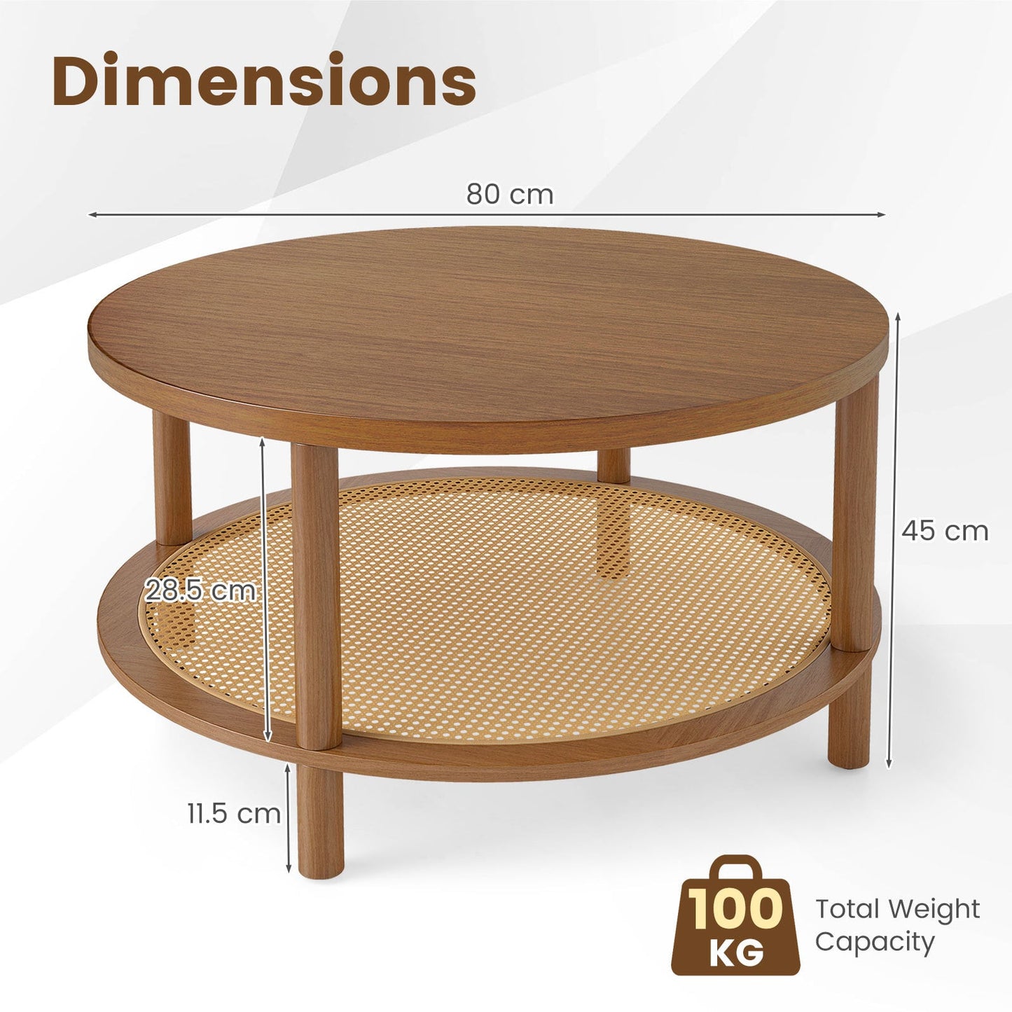 Rattan Coffee Table 2-Tier Round Center Table with Wood Veneered Top-Walnut