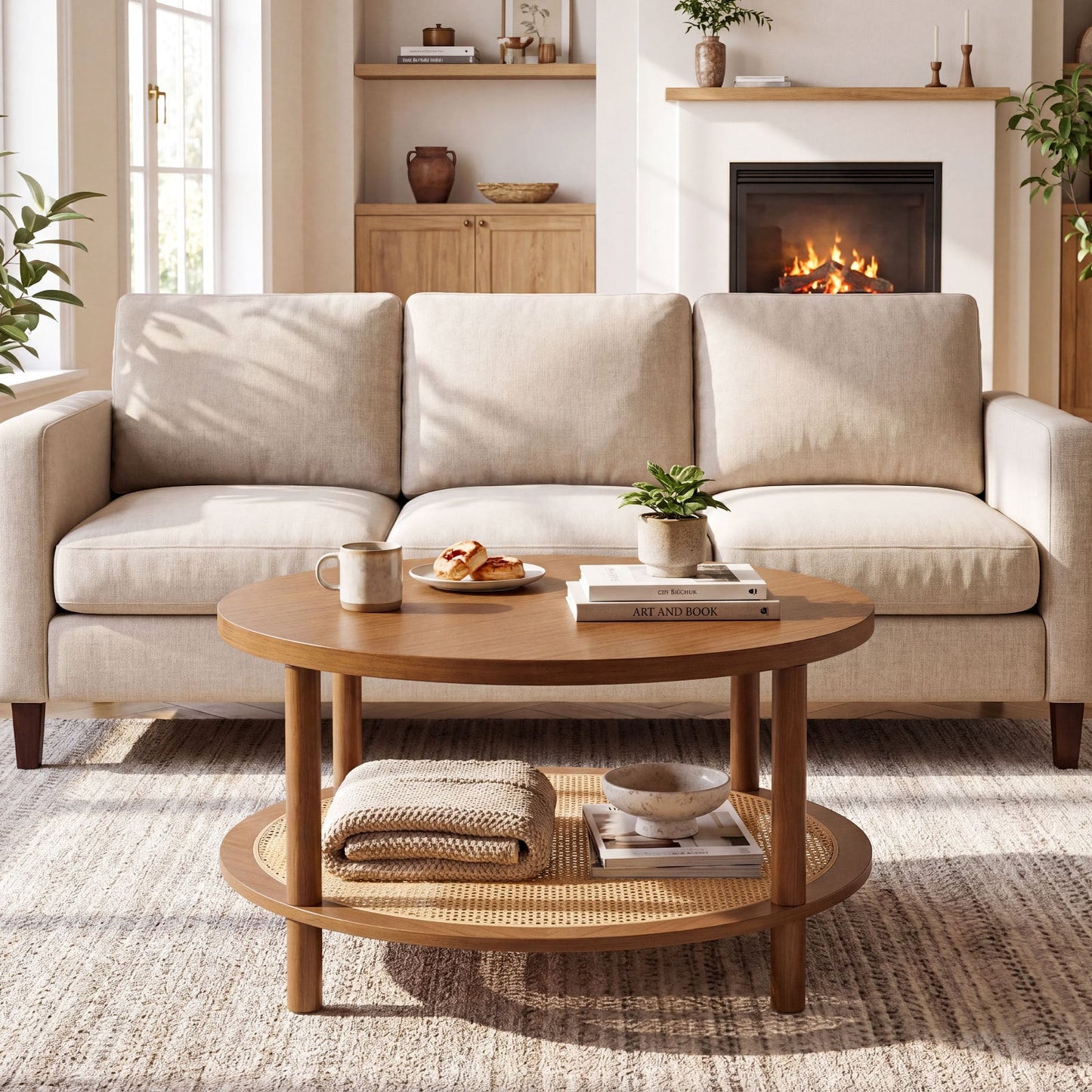 Rattan Coffee Table 2-Tier Round Center Table with Wood Veneered Top-Walnut