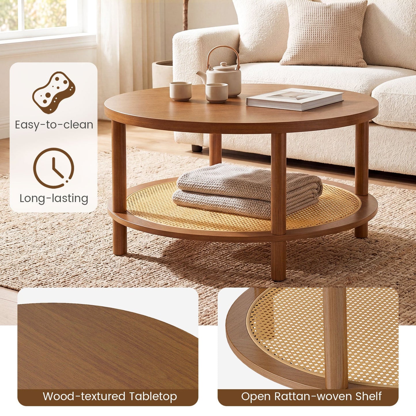 Rattan Coffee Table 2-Tier Round Center Table with Wood Veneered Top-Walnut