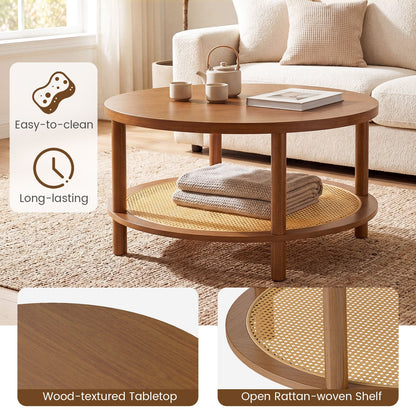 Rattan Coffee Table 2-Tier Round Center Table with Wood Veneered Top-Walnut