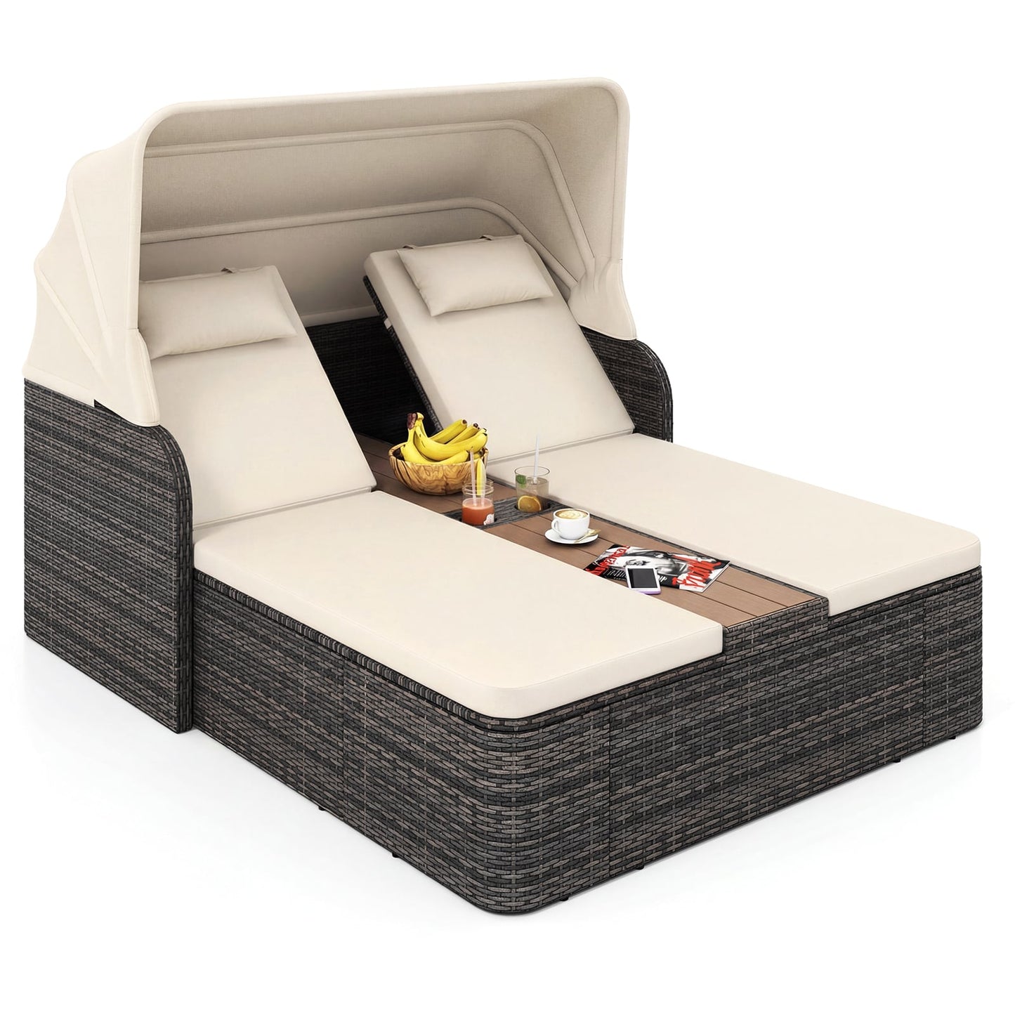 Rattan Double Daybed with Retractable Sunshade and Adjustable Backrests-Beige