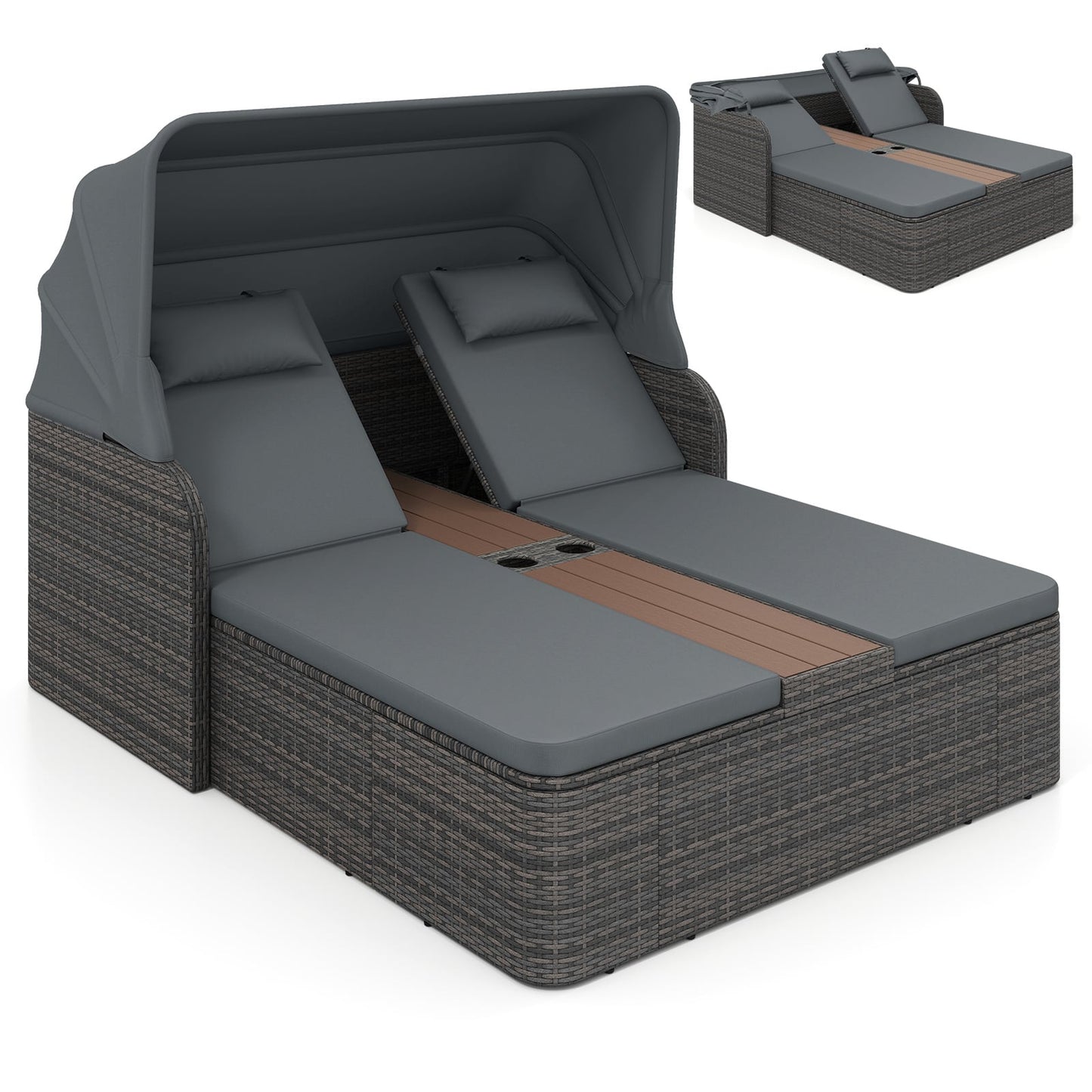 Rattan Double Daybed with Retractable Sunshade and Adjustable Backrests-Grey