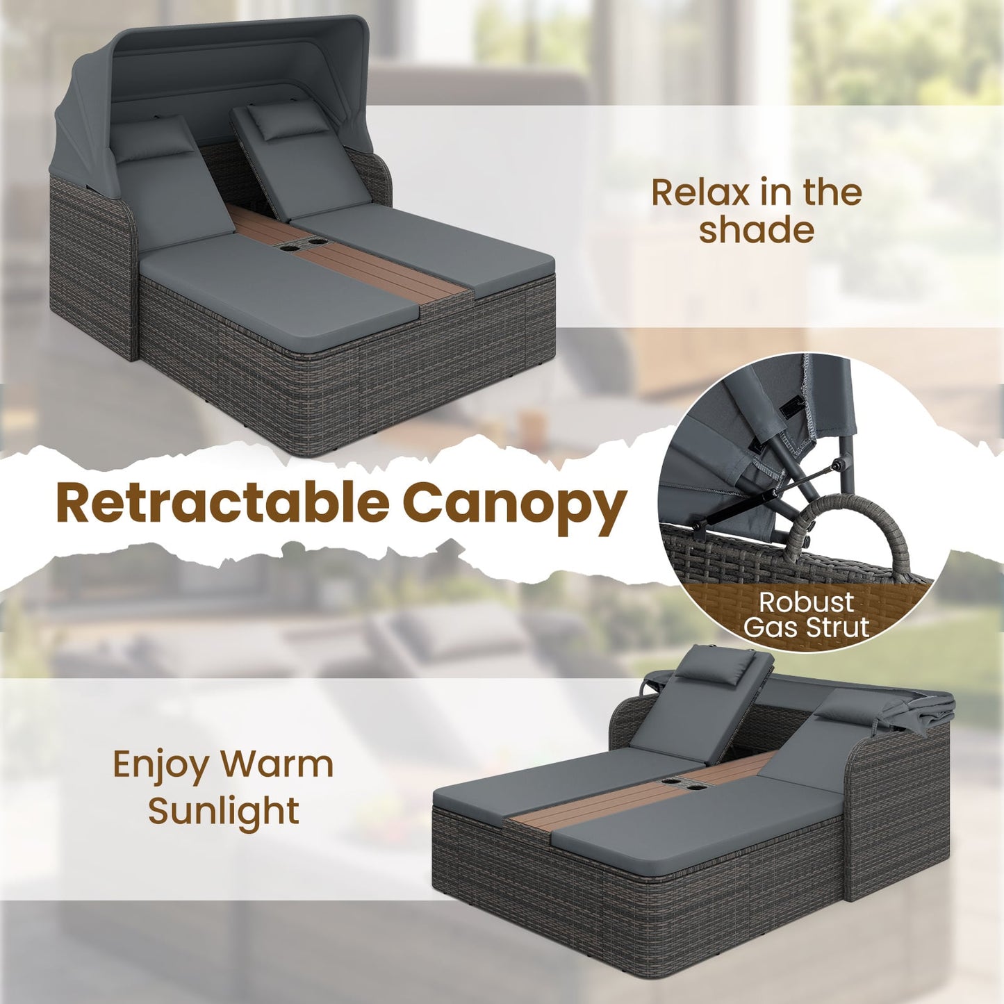 Rattan Double Daybed with Retractable Sunshade and Adjustable Backrests-Grey