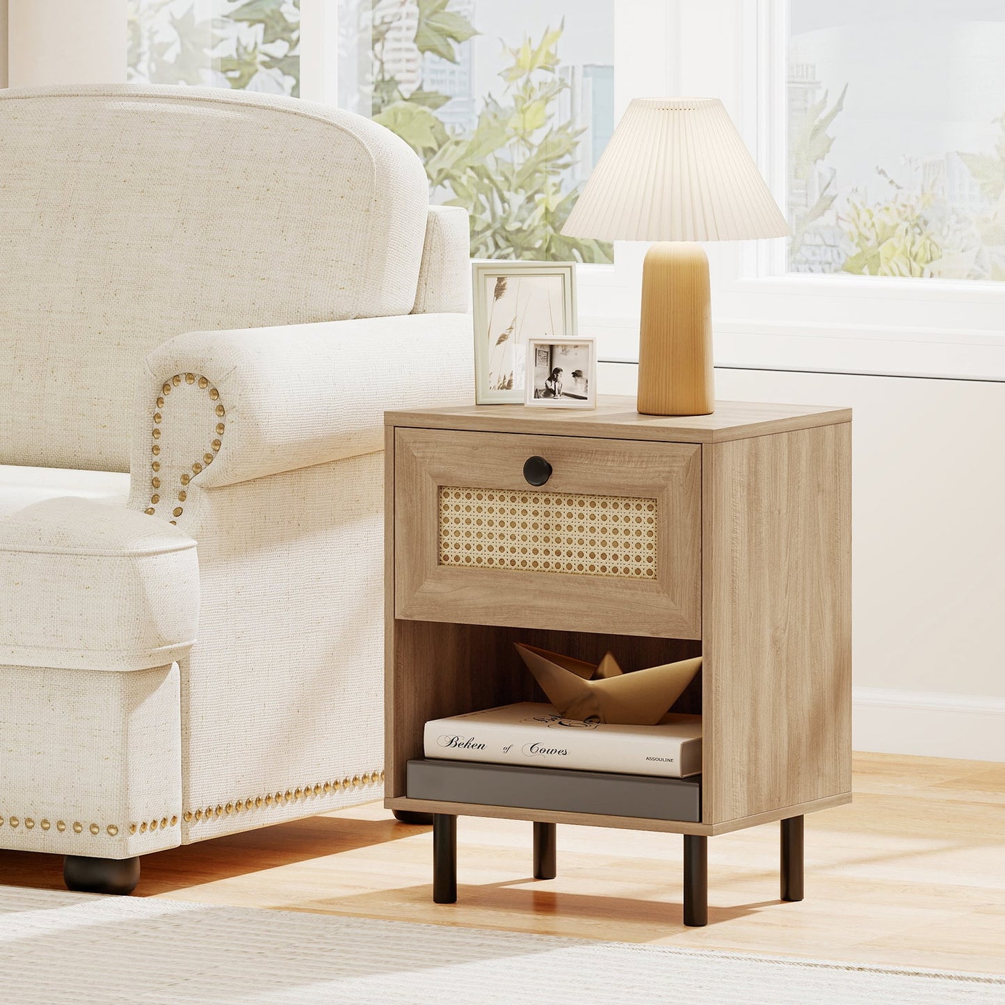 Rattan Nightstand Boho Style Bedside Table with Drawer and Open Storage Shelf-Natural
