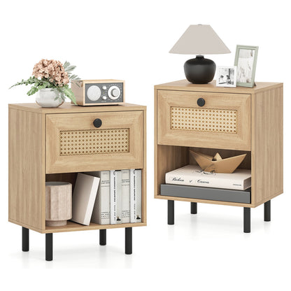 Rattan Nightstand Boho Style Bedside Table with Drawer and Open Storage Shelf-Natural