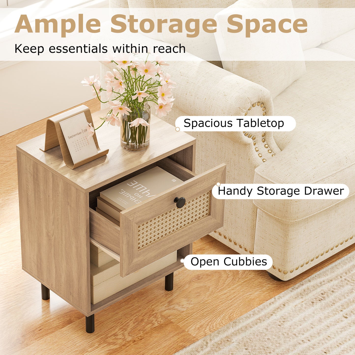 Rattan Nightstand Boho Style Bedside Table with Drawer and Open Storage Shelf-Natural