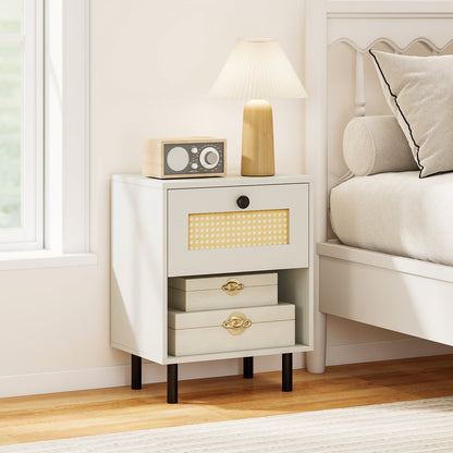 Rattan Nightstand Boho Style Bedside Table with Drawer and Open Storage Shelf-White
