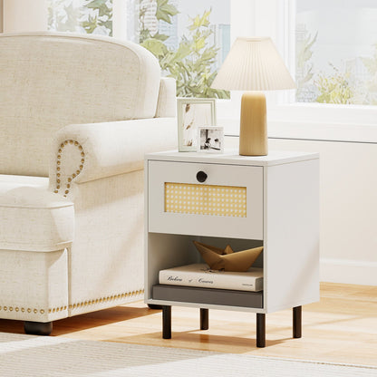 Rattan Nightstand Boho Style Bedside Table with Drawer and Open Storage Shelf-White