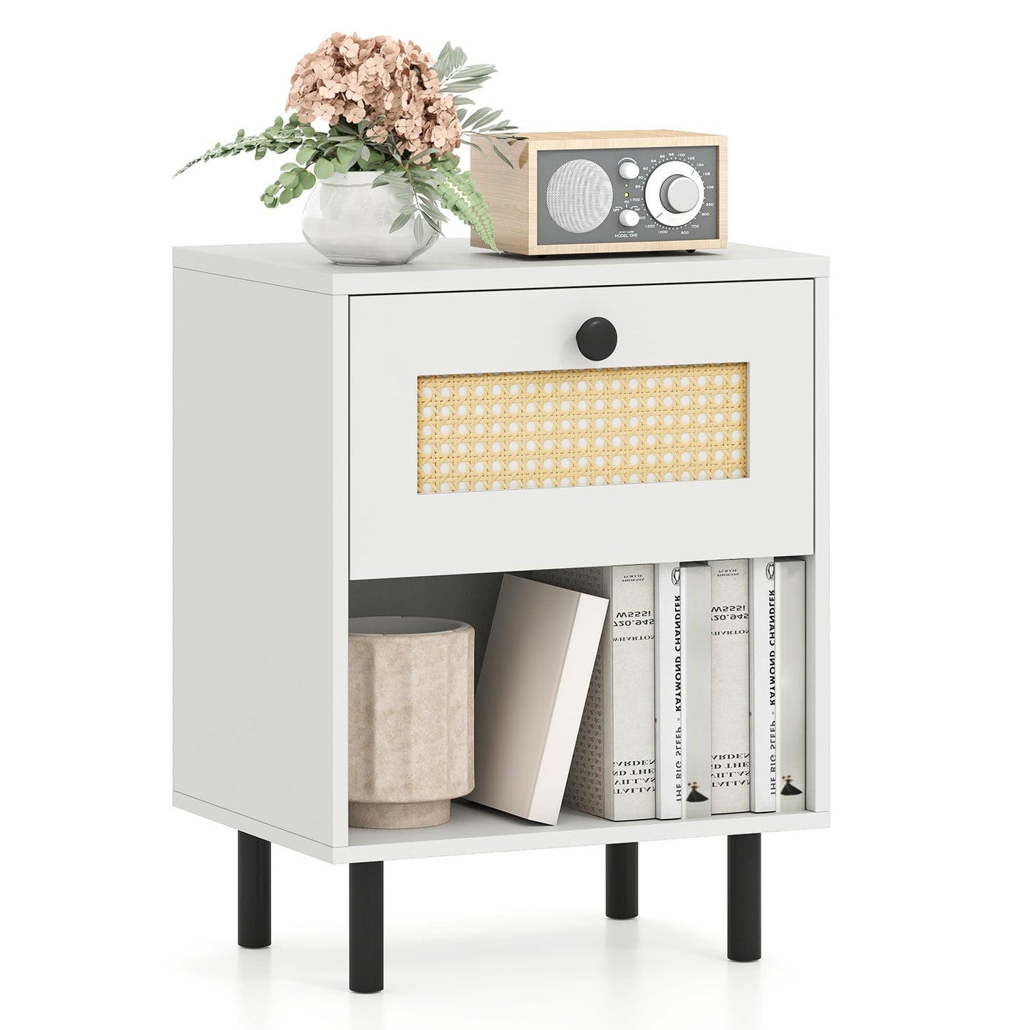 Rattan Nightstand Boho Style Bedside Table with Drawer and Open Storage Shelf-White