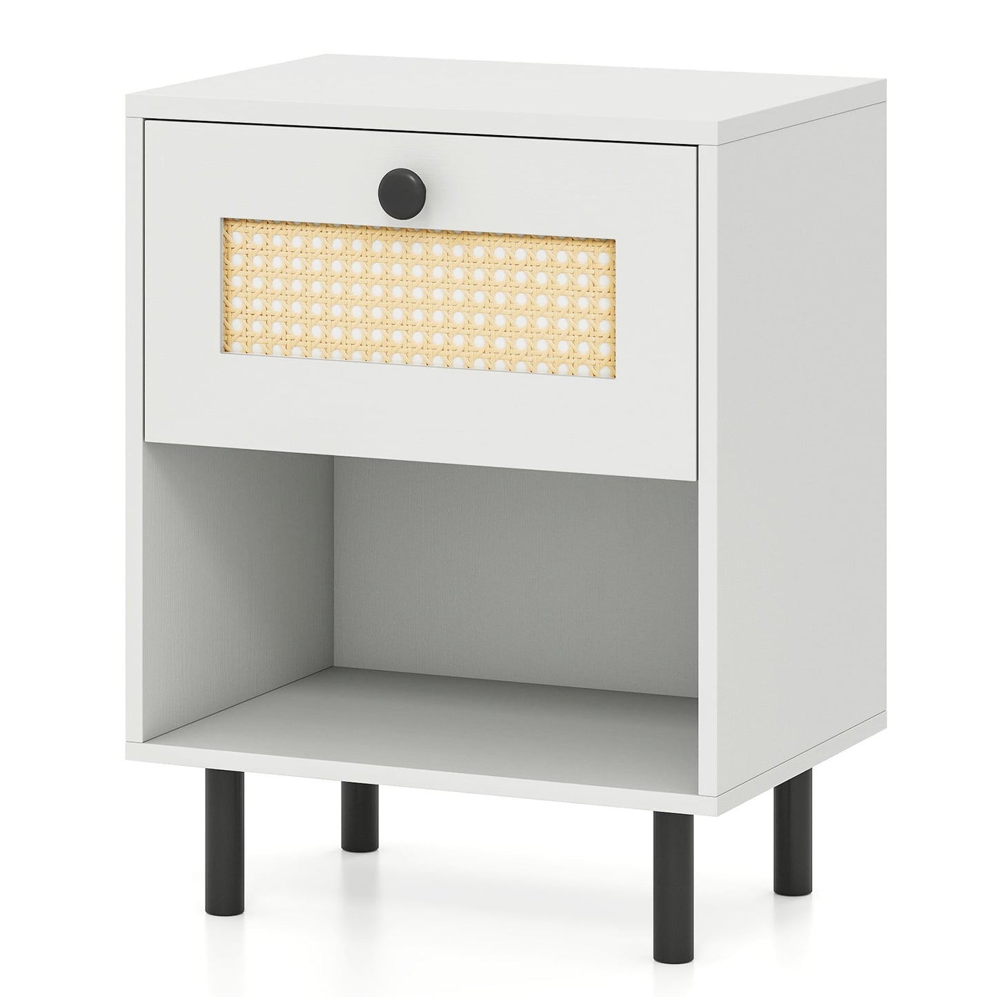 Rattan Nightstand Boho Style Bedside Table with Drawer and Open Storage Shelf-White