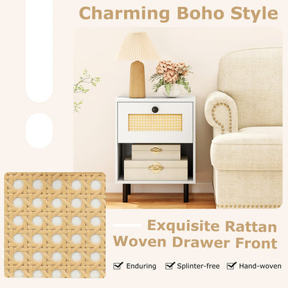 Rattan Nightstand Boho Style Bedside Table with Drawer and Open Storage Shelf-White