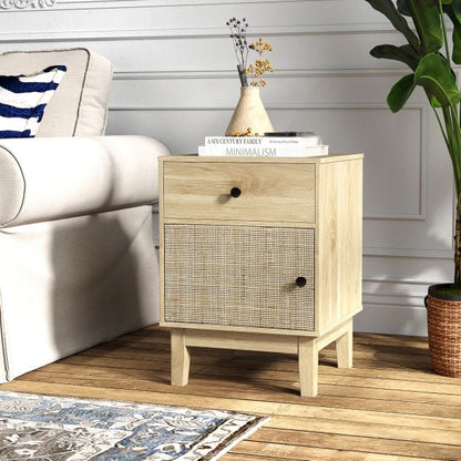 Rattan Nightstand Set of 2 with Storage Drawer and Cabinet-Natural