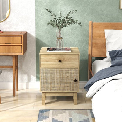 Rattan Nightstand Set of 2 with Storage Drawer and Cabinet-Natural