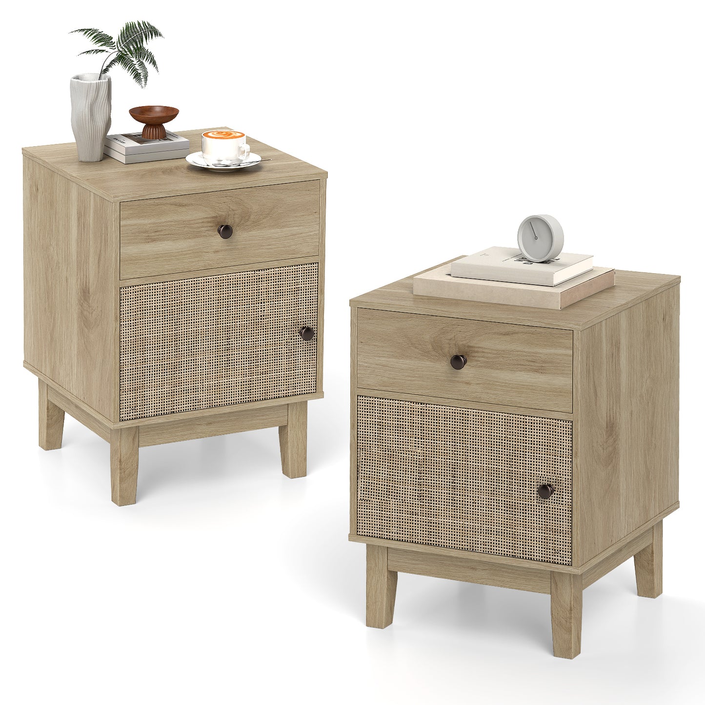 Rattan Nightstand Set of 2 with Storage Drawer and Cabinet-Natural